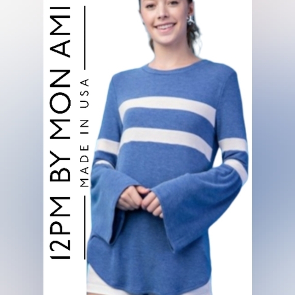 12 PM BY MON AMI Varsity Bell Sleeve Blue & White Sweater Size Small NWT - Picture 3 of 4